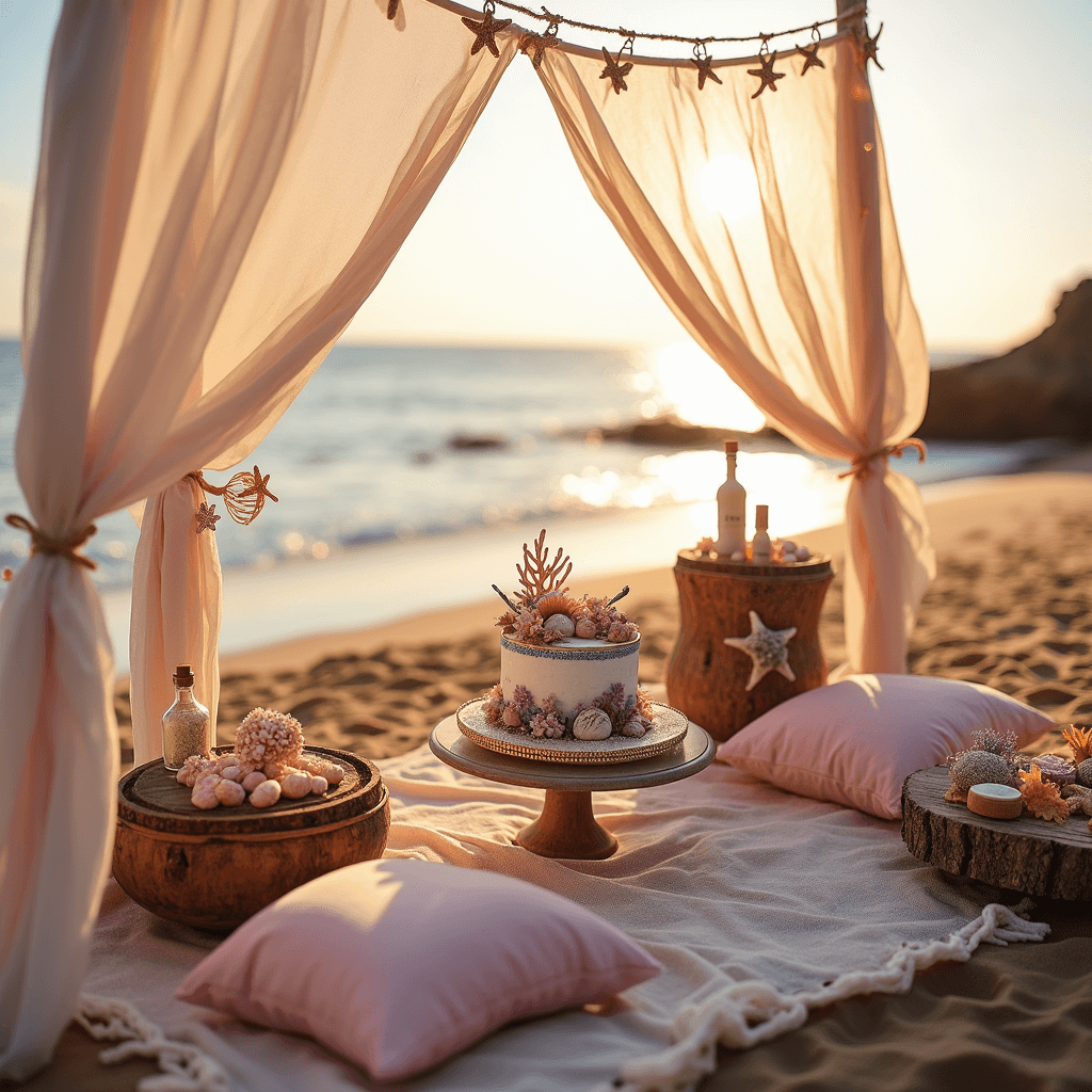 Enchanting Fairy First Birthday Party: A Magical Celebration Guide A magical beach birthday party at golden hour featuring a picnic setup with blush pink cushions, driftwood and seashell decor, an iridescent mermaid-fairy cake, a DIY fairy dust station, and sheer canopy billowing with starfish and fairy lights, set against a shimmering ocean backdrop.