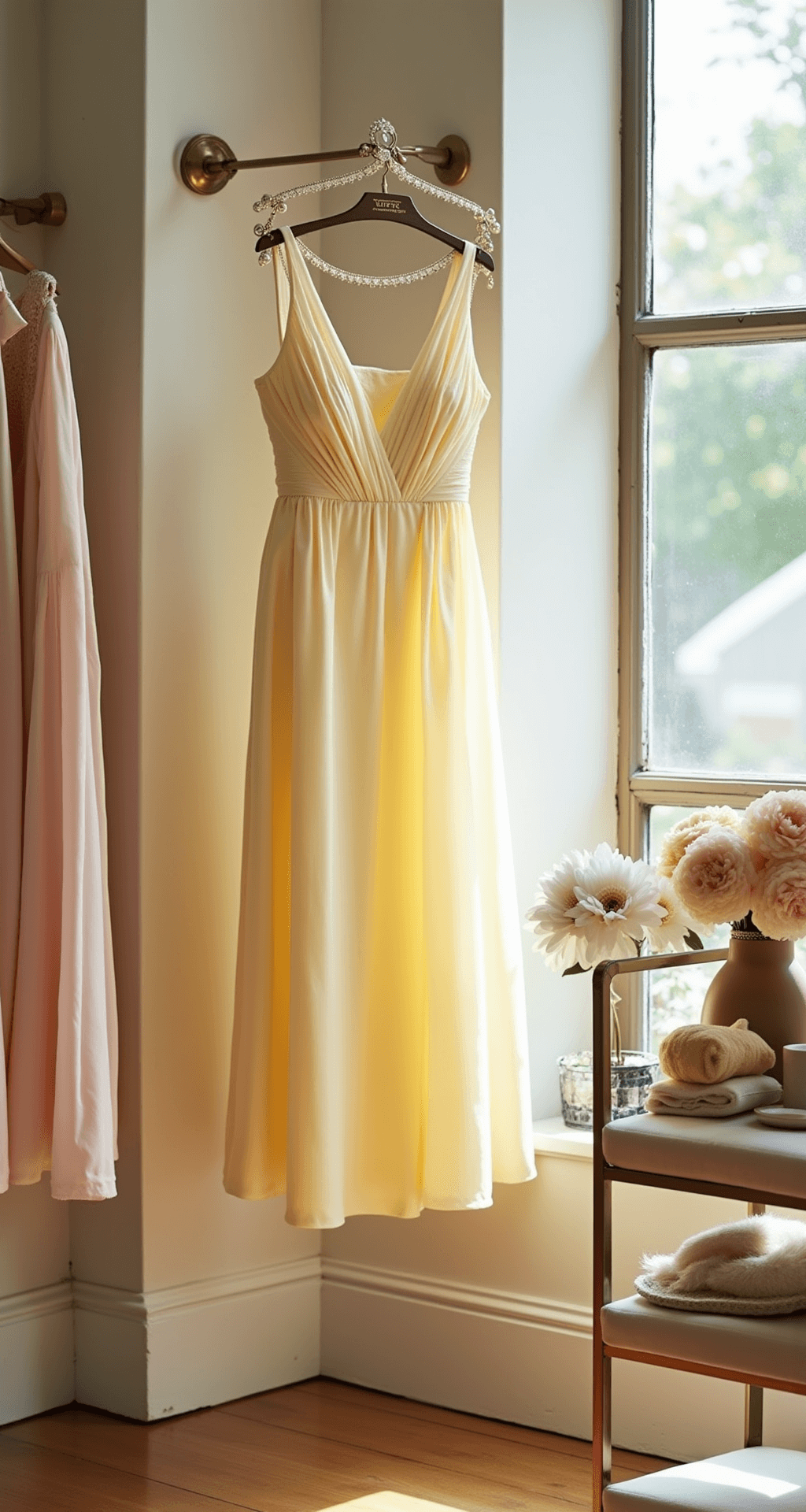 THE ULTIMATE GUIDE TO DRESSING FOR A WEDDING (WITHOUT STEALING THE BRIDE'S THUNDER!) A bright boutique interior featuring a pastel yellow midi dress on a brass rack, paired with nude block heels and a pearl headband, alongside blush and cream accessories, all illuminated by afternoon light.