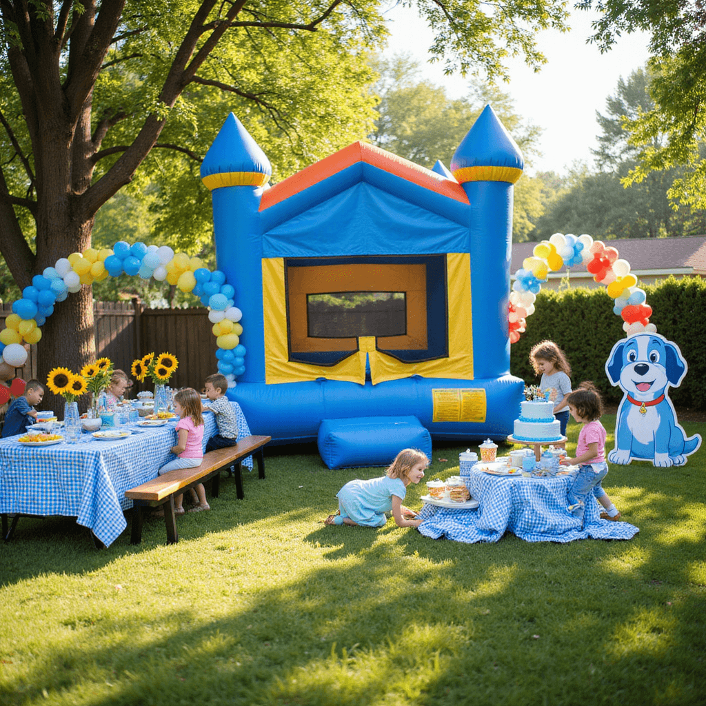 The Ultimate Guide to Throwing an Unforgettable 4-Year-Old Girl's Birthday Party A whimsical Bluey-themed birthday party in a sun-drenched backyard with a blue bounce house, colorful balloon arches, tables with Bluey plush toy centerpieces, a dessert table featuring a Bluey house cake and striped cupcakes, and children playing pin-the-tail on Bluey.