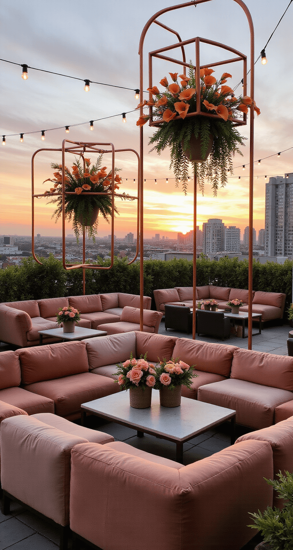 How to Create Stunning Pink and Orange Wedding Flower Arrangements: A Complete A modern rooftop venue at sunset with lounge seating clusters surrounded by floral installations in copper frames, showcasing orange calla lilies and pink garden roses. Low coffee tables with small floral arrangements, plush dusty rose velvet seating, and a city skyline under twinkling bistro lights in the background.