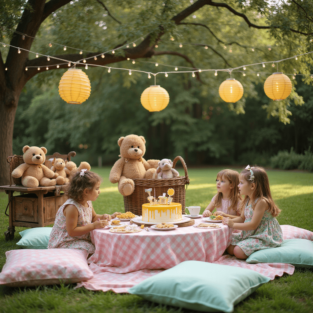 The Ultimate Guide to Throwing an Unforgettable 4-Year-Old Girl's Birthday Party A whimsical teddy bear picnic in a lush garden features pastel checkered tables surrounded by plush cushions, wicker baskets filled with teddy bears, a honey-themed dessert cart with a golden cake and cookies, twinkling fairy lights, and little girls in floral dresses having tea with their stuffed animals in soft morning light.