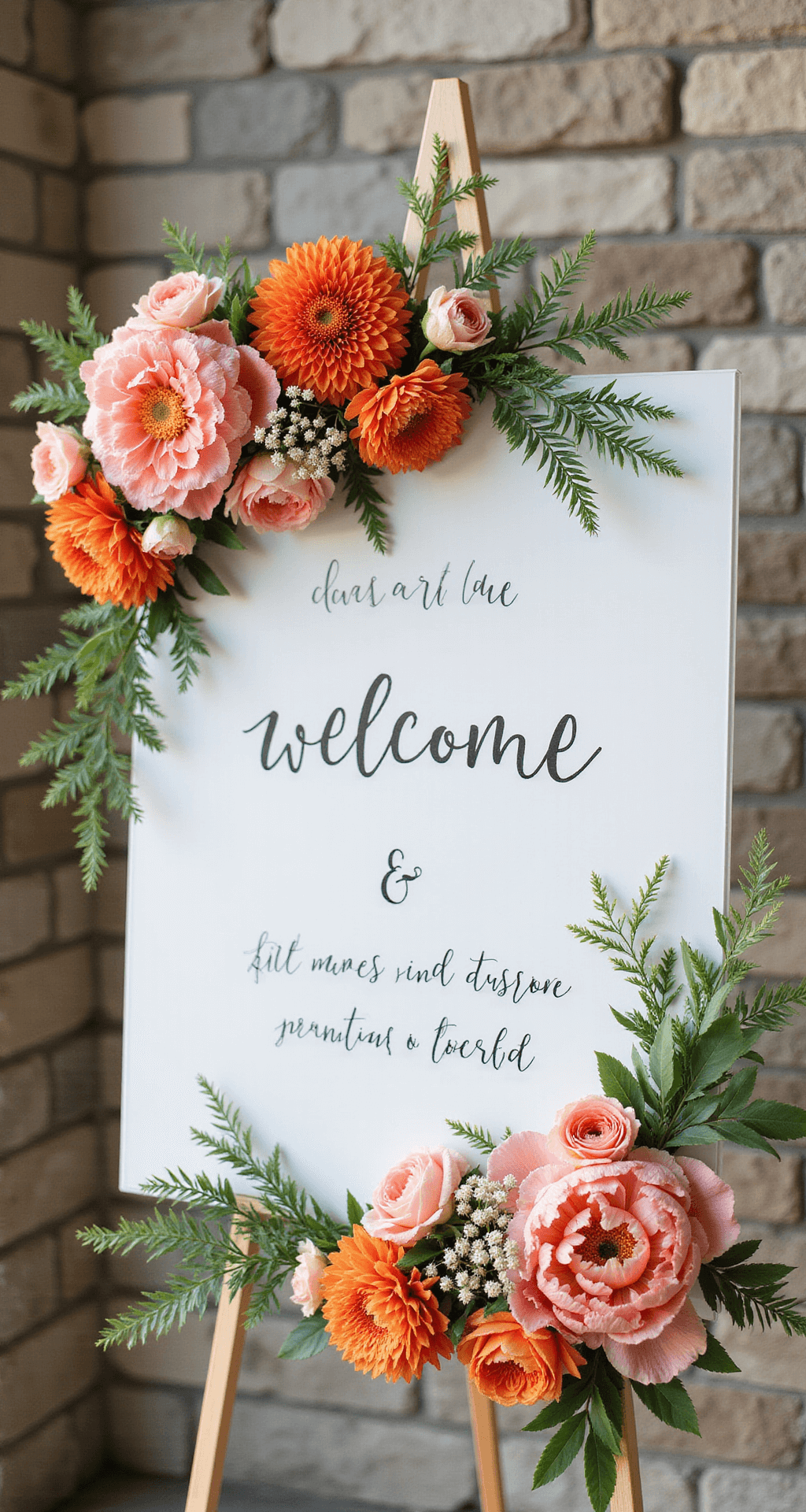How to Create Stunning Pink and Orange Wedding Flower Arrangements: A Complete Close-up of a welcome sign with modern calligraphy on white acrylic, surrounded by coral charm peonies, orange dahlias, and blush ranunculus, set against a textured stone wall with soft afternoon light casting shadows.