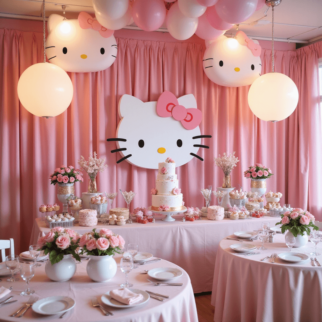 The Ultimate Guide to Throwing an Unforgettable 4-Year-Old Girl's Birthday Party A vibrant indoor playroom themed with Hello Kitty decorations, featuring pink drapery, a life-sized Hello Kitty backdrop, round tables with silk tablecloths and floral centerpieces, a dessert table with a tiered cake and treats, oversized pastel balloons overhead, and soft lighting from Hello Kitty lamps.