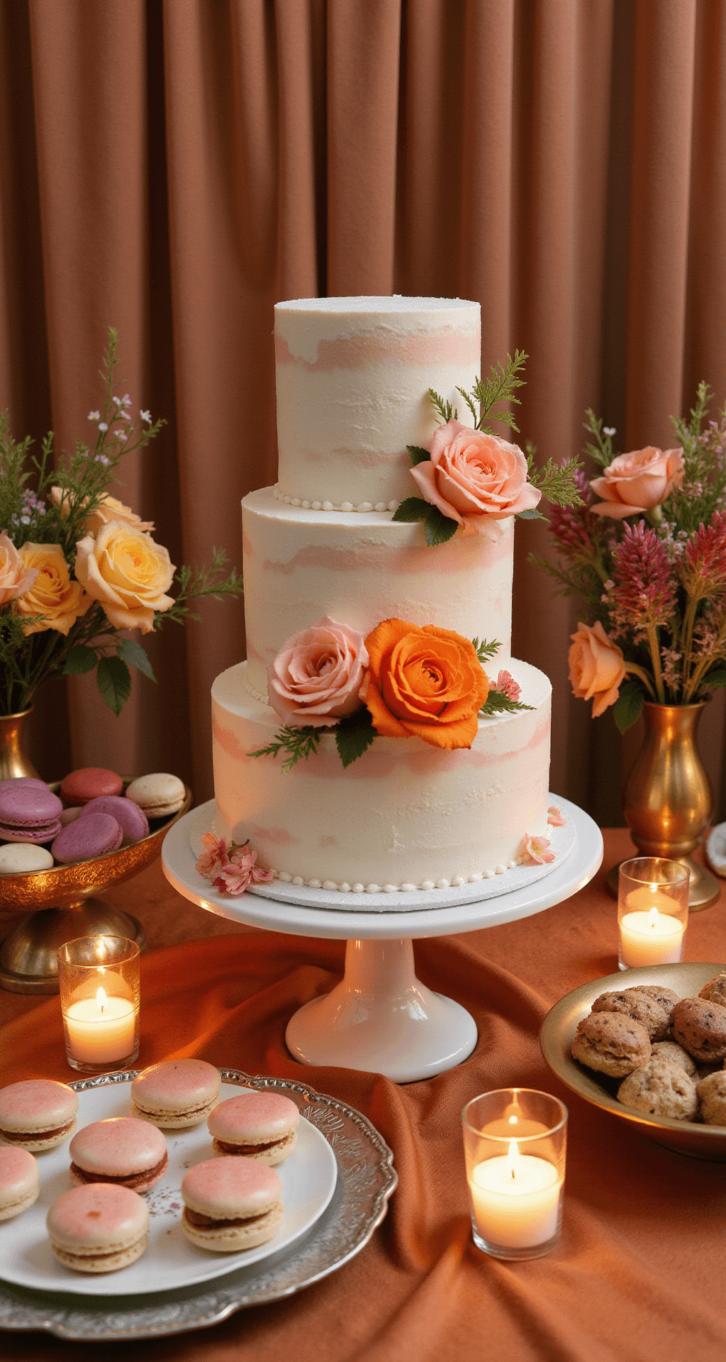 How to Create Stunning Pink and Orange Wedding Flower Arrangements: A Complete A warm candlelit dessert display featuring a three-tiered white cake adorned with fresh flowers in a gradient from light pink to vibrant orange, surrounded by varying heights of dessert vessels filled with macarons and petit fours, with champagne coupes nearby. Vintage brass vessels hold loose floral arrangements, while a sheer copper fabric backdrop reflects soft light from votive candles.
