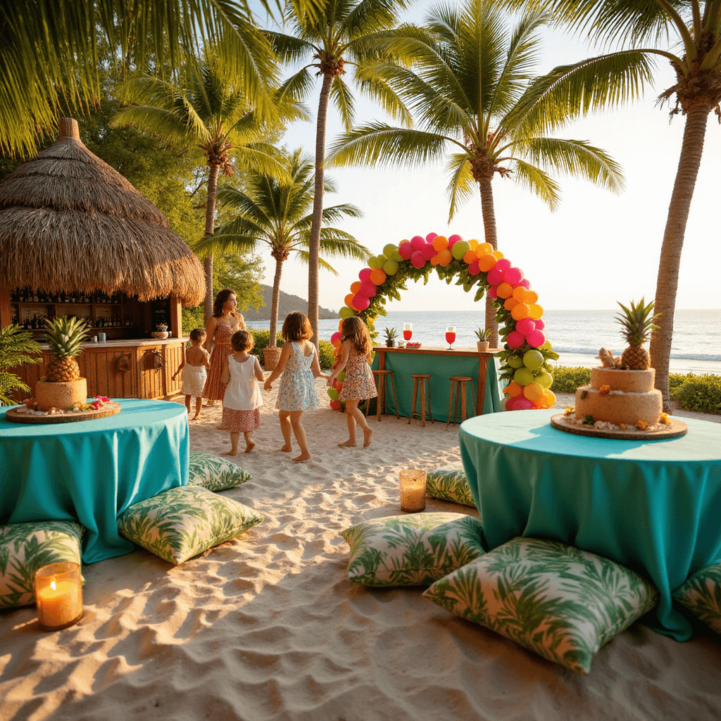 The Ultimate Guide to Throwing an Unforgettable 4-Year-Old Girl's Birthday Party A vibrant tropical luau on a beachfront with tiki torches, low tables adorned with bright linens, tropical-themed centerpieces, a thatched-roof bar, children dancing near a balloon arch, and a two-tiered dessert cake resembling a tropical island, all under warm golden hour sunlight.