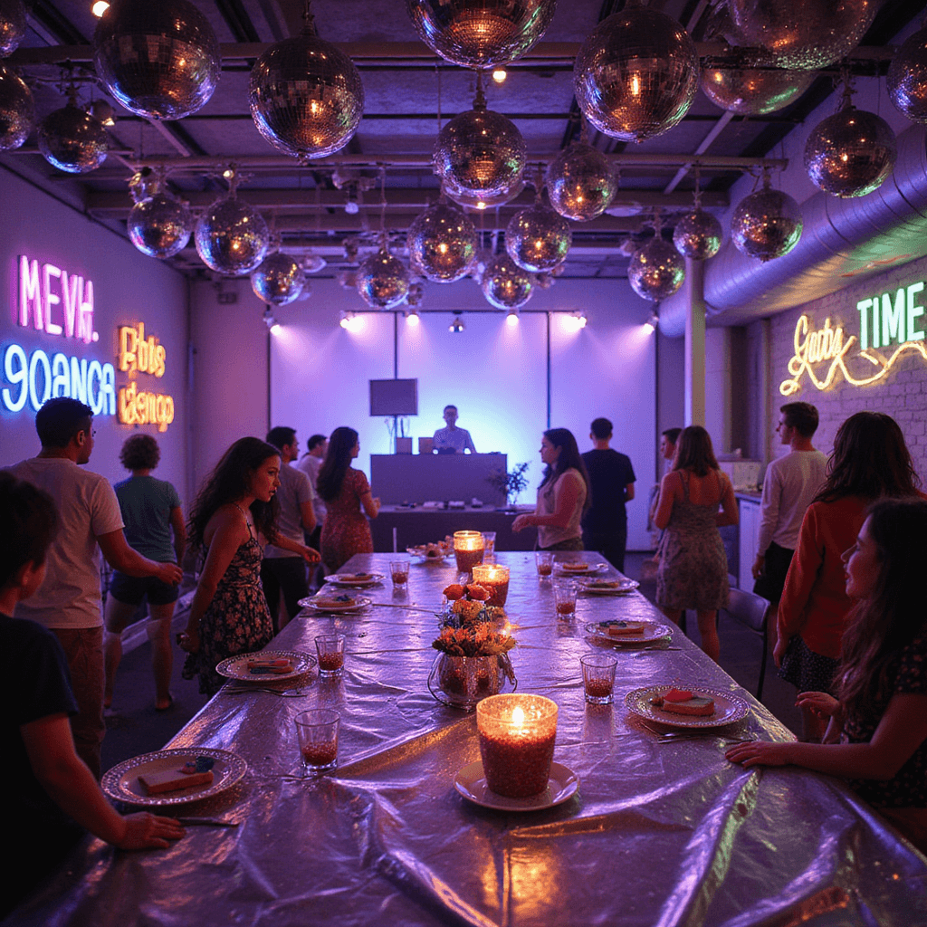 The Ultimate Guide to Throwing an Unforgettable 4-Year-Old Girl's Birthday Party A vibrant disco dance party in a modern loft, featuring multicolored disco balls, LED-lit DJ booth, metallic tables with glittery centerpieces, and a neon dessert station, all with children enjoying the colorful atmosphere and illuminated by lively neon signs.