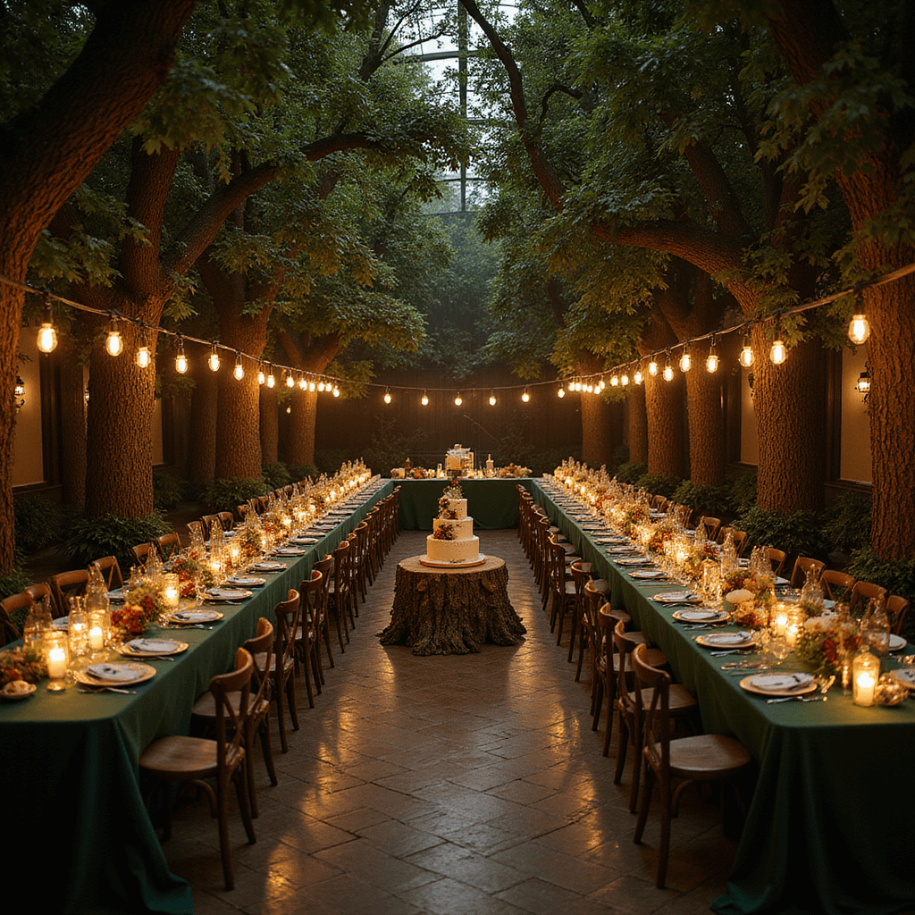 13 Epic 13th Birthday Party Ideas That'll Make Her Feel Like a Teen Queen An enchanted forest-themed party in a dimly lit ballroom with faux trees, moss-green banquet tables, woodland centerpieces, hanging lanterns, and a grand tree stump cake, captured from an elevated angle, showcasing the magical atmosphere and guests' awe.