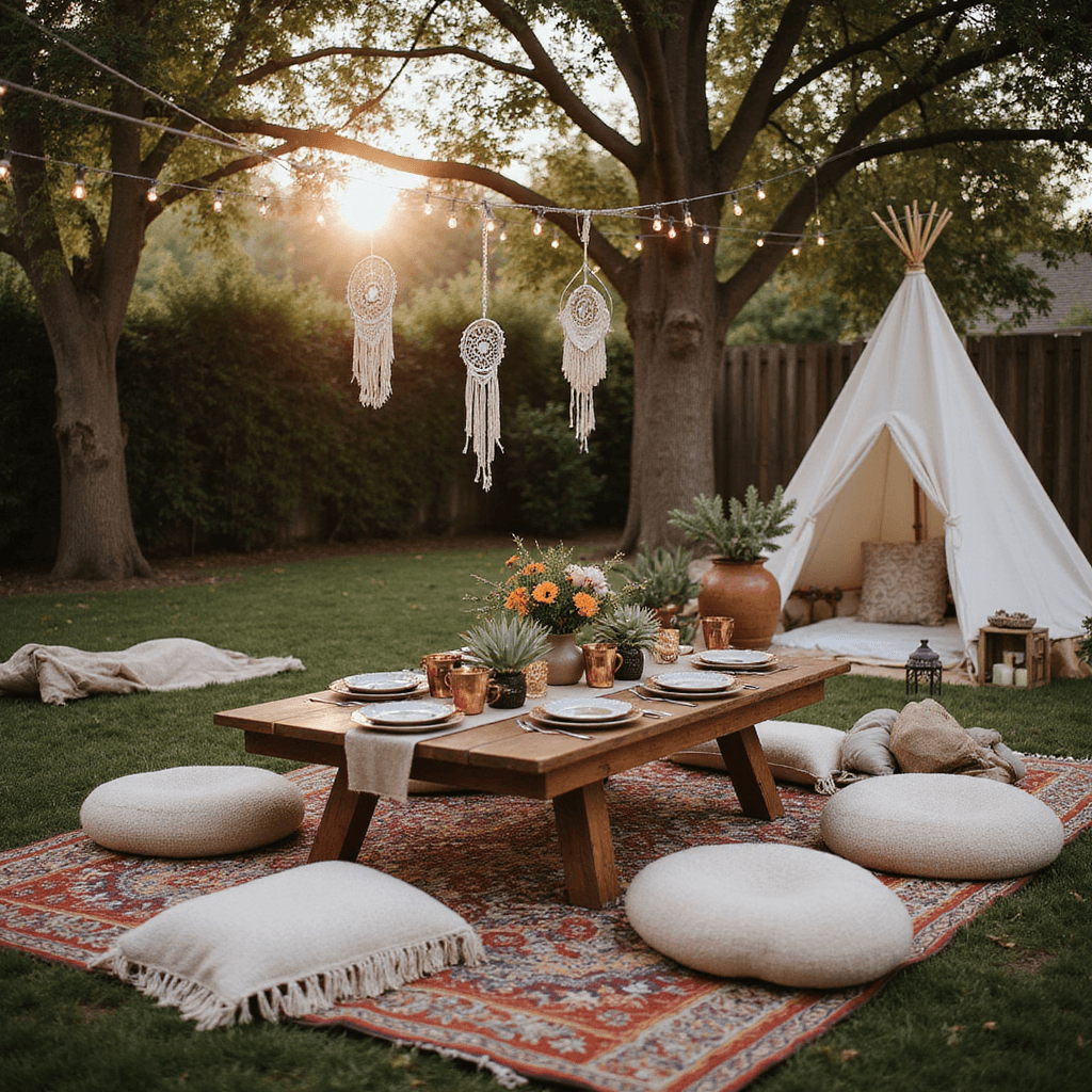 13 Epic 13th Birthday Party Ideas That'll Make Her Feel Like a Teen Queen A boho-inspired backyard celebration at golden hour, featuring a low table with eclectic decor, plush cushions, and fairy light-draped teepee, creating a cozy and stylish atmosphere for guests.