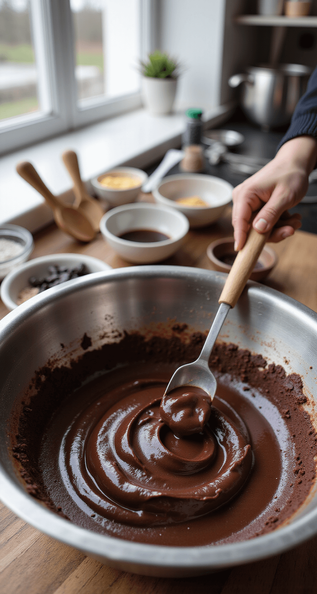 Decadent Chocolate Wedding Cake with White Buttercream Close-up of hands blending wet and dry ingredients for a chocolate cake in a professional kitchen, with rich chocolate batter in a stainless steel bowl and natural light illuminating the scene.