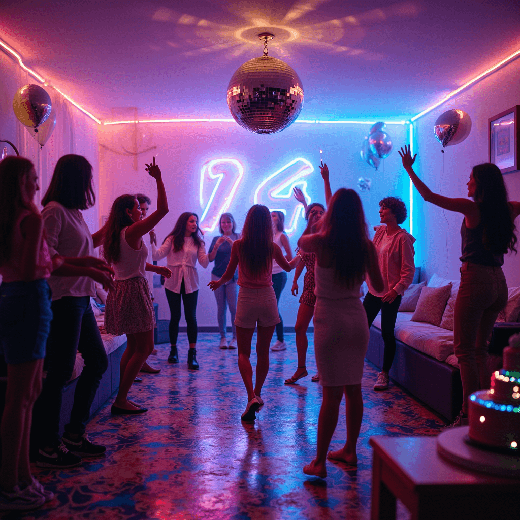 14th Birthday Party Ideas: The Ultimate Guide to Celebrating Your Teen's Milestone A vibrant disco-themed 14th birthday party in a stylish living room, featuring neon lights, a colorful dance floor, teens dancing under a giant disco ball, an enthusiastic DJ, metallic balloons, and a glittery tiered cake on a dessert table.
