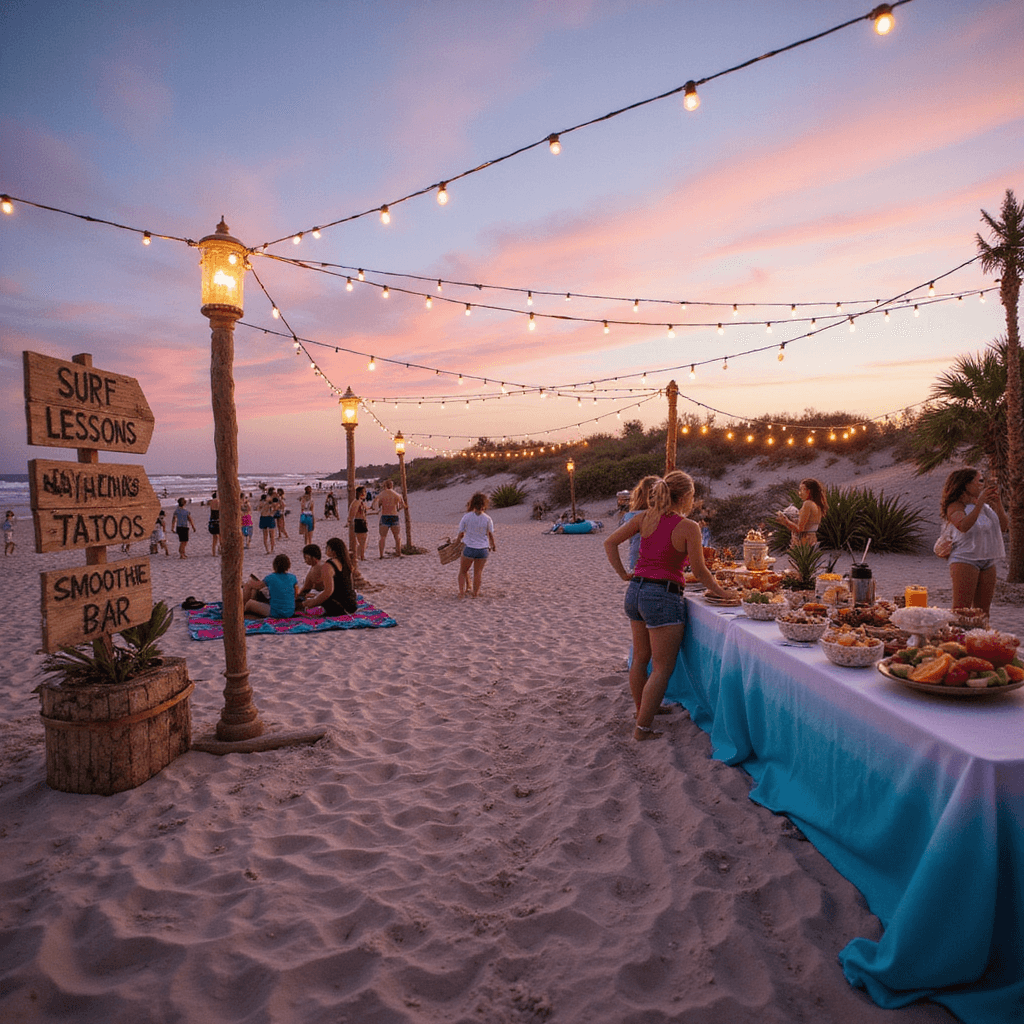14th Birthday Party Ideas: The Ultimate Guide to Celebrating Your Teen's Milestone A vibrant beach party scene for a 14th birthday at sunset, featuring tiki torches, string lights, teens playing volleyball, and colorful beach towels. Includes a driftwood sign with activity stations, a long table with tropical foods, seashell decorations, surfboards, and teens taking selfies against the pink and orange sky.