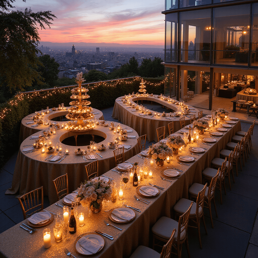 Unforgettable 80th Birthday Party Ideas: Making Milestone Magic Happen An elegant rooftop terrace at dusk, featuring long tables arranged to form the number '80', dressed in gold linens and adorned with ivory and blush floral centerpieces. Twinkling fairy lights and candles illuminate the space, with a central champagne tower and gourmet hors d'oeuvres. Glass walls showcase a stunning cityscape against a vibrant sunset sky.