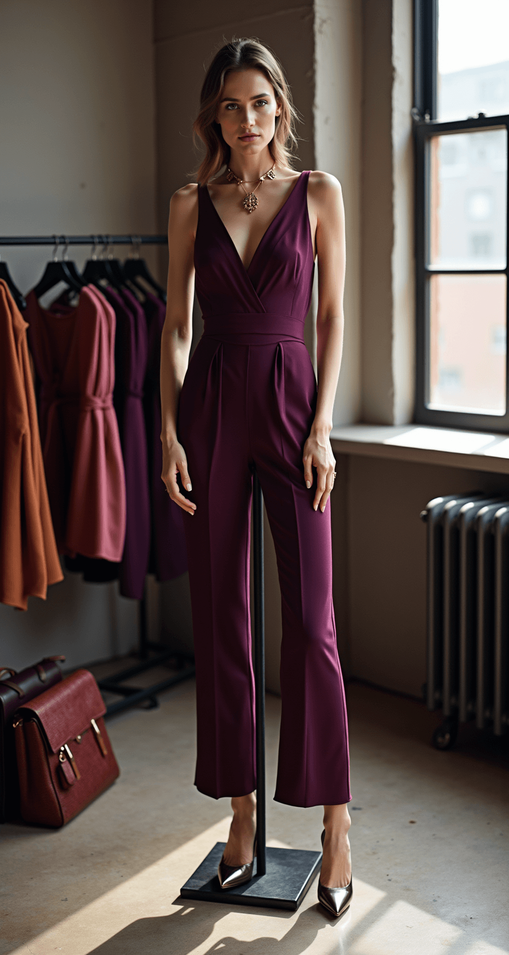 THE ULTIMATE GUIDE TO DRESSING FOR A WEDDING (WITHOUT STEALING THE BRIDE'S THUNDER!) A chic downtown loft with diffused morning light showcasing a sophisticated deep plum jumpsuit on a minimalist mannequin, accessorized with geometric gold jewelry and metallic pumps, alongside a selection of evening bags and wrap shawls.