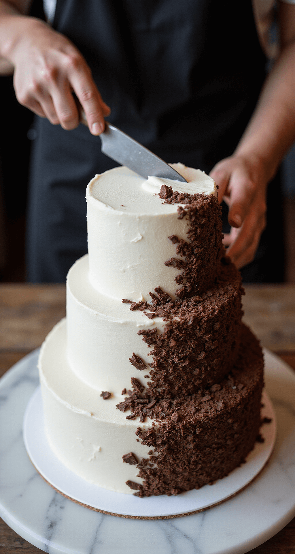 Decadent Chocolate Wedding Cake with White Buttercream Overhead view of a three-tiered chocolate wedding cake being assembled on a marble countertop, with white buttercream applied smoothly and chocolate shavings cascading down one side, illuminated by warm studio lighting.