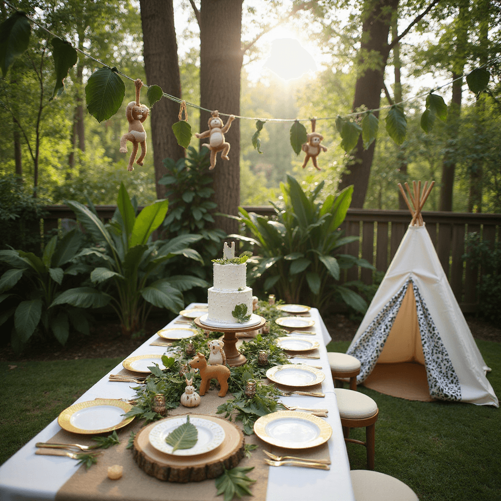 First Birthday Boy Party Ideas: The Ultimate Guide to Creating a Memorable Celebration A whimsical 'Wild One Safari Adventure' first birthday party setup in a sunlit garden featuring a long burlap-covered table with greenery and animal figurines, decorated trees with banana leaf garlands and stuffed monkeys, a tiered leaf-covered cake on a wood slice, and a teepee photo booth with animal print fabrics, all under soft, dappled sunlight.