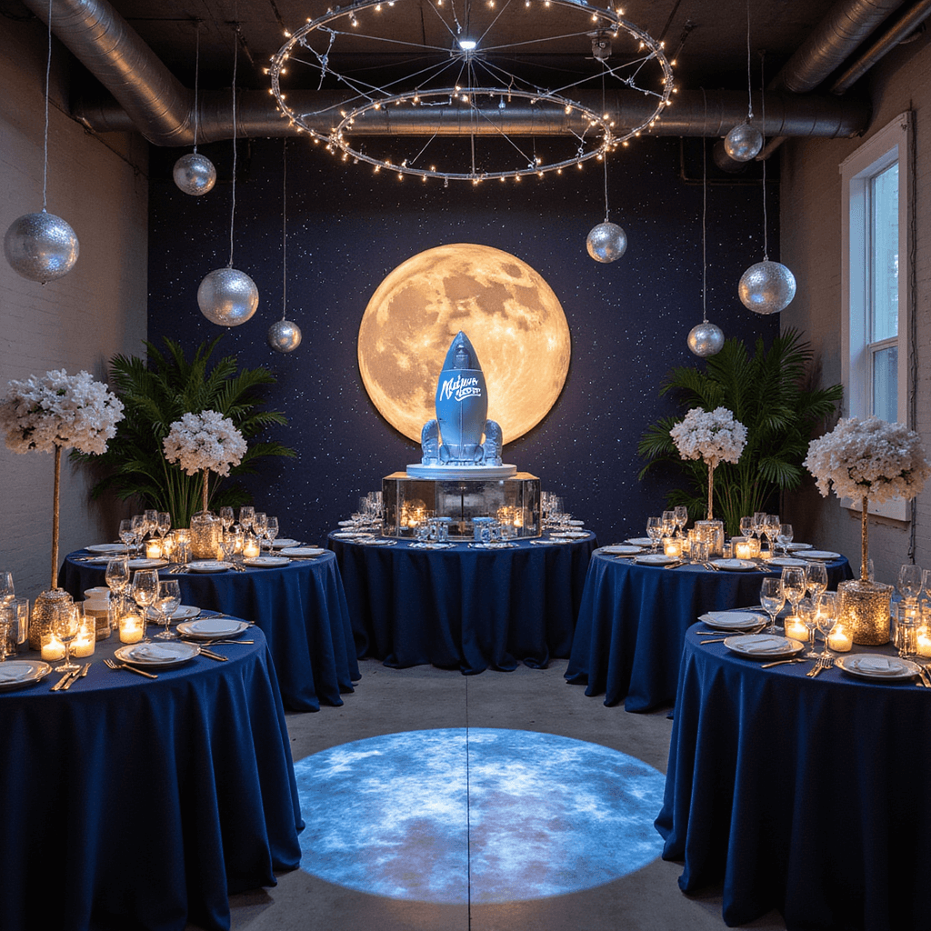 First Birthday Boy Party Ideas: The Ultimate Guide to Creating a Memorable Celebration A modern loft decorated for a 'Space Odyssey: First Trip Around the Sun' celebration, featuring a giant moon backdrop with fairy lights, midnight blue table linens, silver star centerpieces, a rocket ship cake on a mirrored platform, hanging planet mobiles, silver balloon constellations, and soft uplighting with a starry projection on the floor.