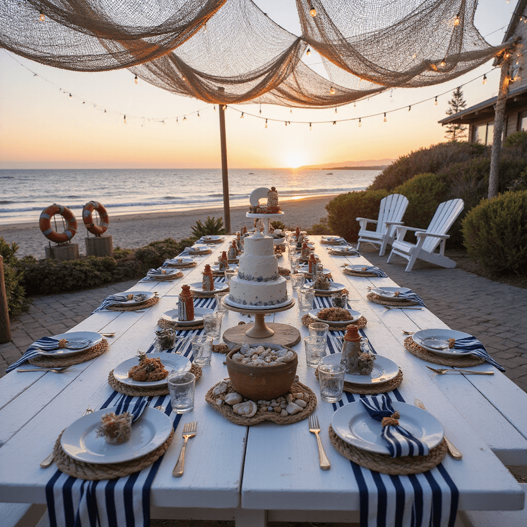 First Birthday Boy Party Ideas: The Ultimate Guide to Creating a Memorable Celebration A beachfront patio party at golden hour featuring nautical decorations, white picnic tables with navy striped runners, rope knot centerpieces, and a boat-shaped cake surrounded by seashells. Fairy lights hang from fishing nets overhead, and a photo area with life preservers and captain's wheels is visible against a sunset ocean backdrop.