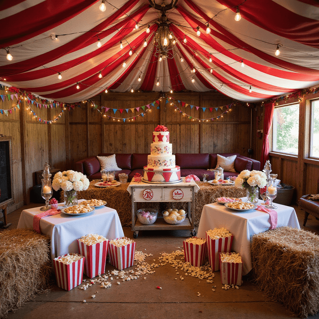 First Birthday Boy Party Ideas: The Ultimate Guide to Creating a Memorable Celebration A vibrant circus carnival scene inside a rustic barn, featuring red and white striped drapery, hay bale seating, vintage popcorn boxes, a dessert cart with treats, and a three-tier cake resembling circus drums, all illuminated by string lights and decorated with colorful pennants and game stations.