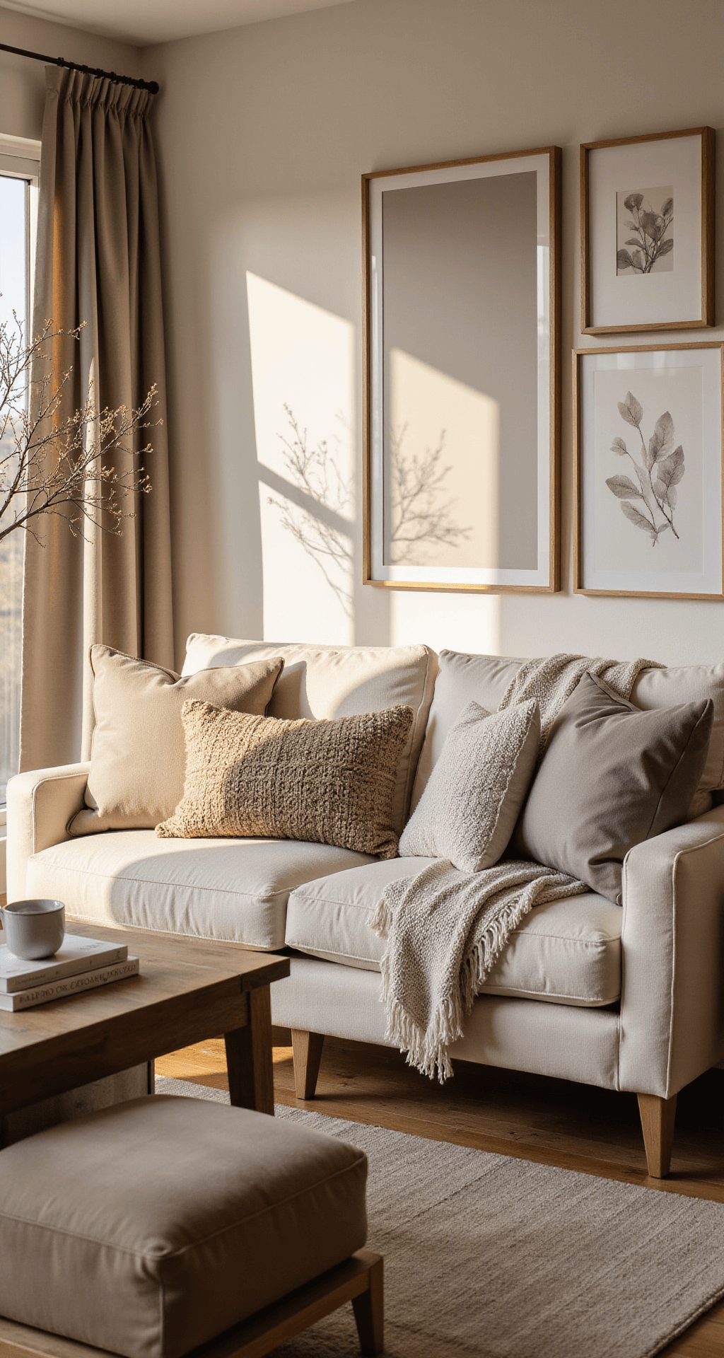 Creating a Cozy Haven: Modern Home Decor Ideas That Won't Break the Bank A sunlit modern living room during golden hour, featuring greige walls, a cream sofa, and a wooden coffee table, accented with textured pillows and throws, and enhanced by mirrors reflecting natural light.