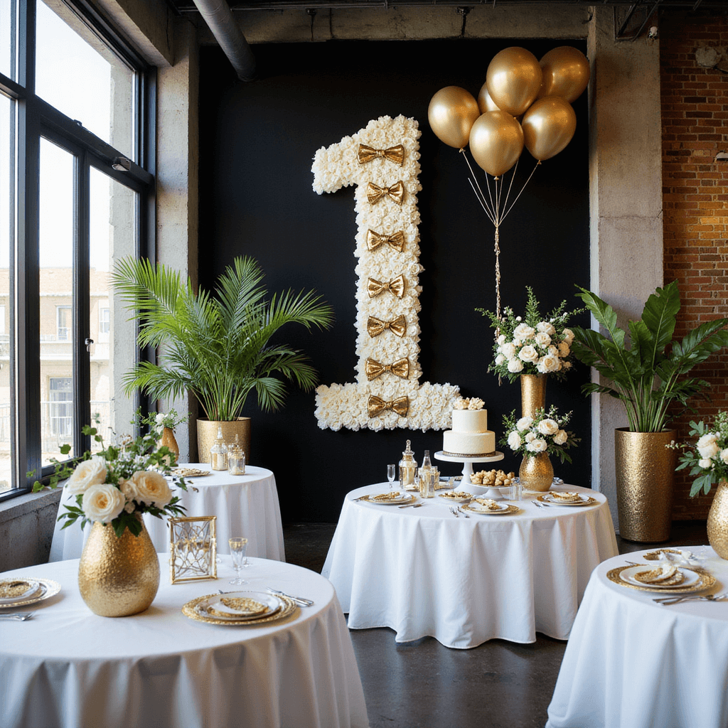 First Birthday Boy Party Ideas: The Ultimate Guide to Creating a Memorable Celebration An elegant celebration for 'Mr. Onederful' in a chic urban loft, featuring floor-to-ceiling windows, a black, gold, and white color scheme, an oversized '1' made of white roses and golden bow ties, round tables with floral centerpieces, and a dessert table with a tiered cake and gold-dusted treats, all complemented by artistic balloon installations overhead.