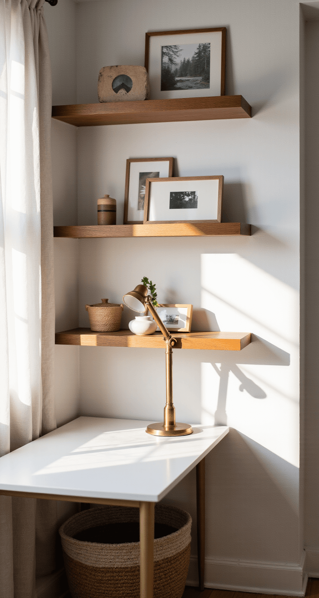 Creating a Cozy Haven: Modern Home Decor Ideas That Won't Break the Bank An intimate home office nook bathed in morning light, featuring warm wood floating shelves with curated decor against a soft white wall, a brass task lamp illuminating a minimalist desk, and textured storage baskets below, captured in a close-up with depth of field.