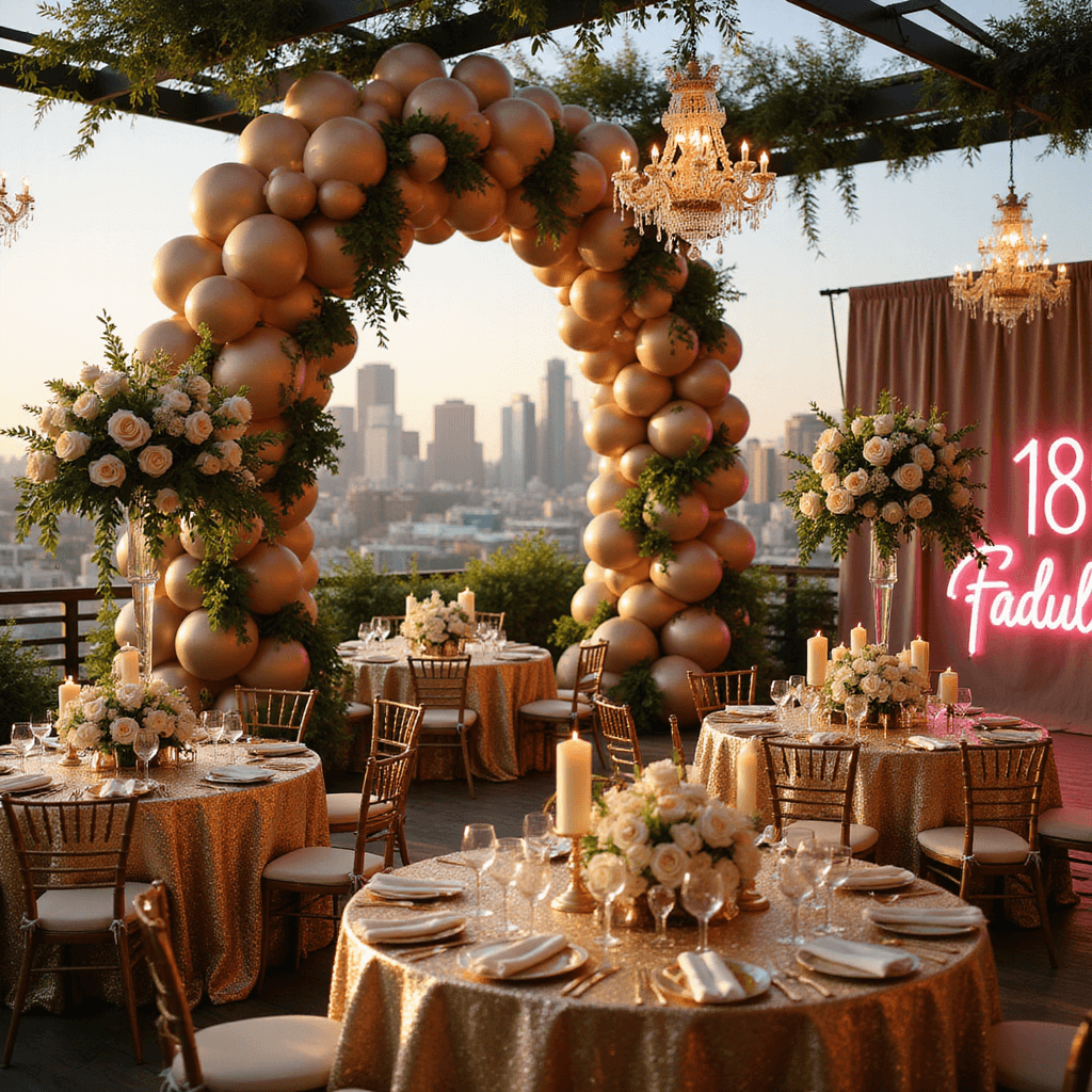 18th Birthday Party Decoration Ideas: Create an Unforgettable Milestone Celebration A luxurious 18th birthday celebration on a rooftop terrace, featuring shimmering gold sequin tables, towering floral centerpieces, a metallic balloon arch, warm candlelight on mirrored tables, and twinkling crystal chandeliers, with a neon '18 & Fabulous' sign in a velvet backdrop.