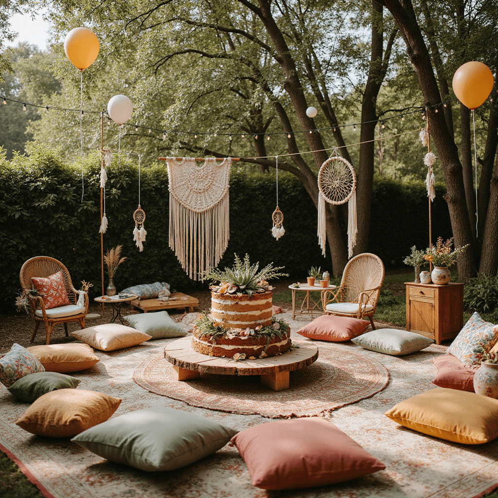 18th Birthday Party Decoration Ideas: Create an Unforgettable Milestone Celebration A vibrant boho-chic 18th birthday celebration in a sunny garden, featuring low tables surrounded by plush cushions on vintage rugs, macramé decor hanging from fairy-lit trees, mismatched earthy balloons, and a dessert cart with a naked cake adorned with figs and edible flowers, as guests relax in rattan chairs with colorful throw pillows.