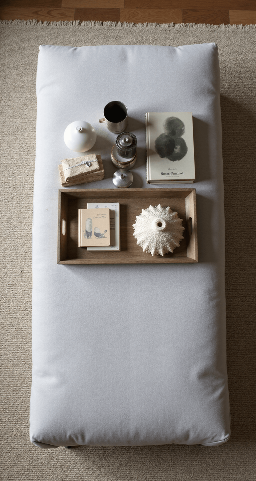Creating a Cozy Haven: Modern Home Decor Ideas That Won't Break the Bank Overhead view of a beautifully styled coffee table vignette featuring a soft grey velvet ottoman with hidden storage, topped with a geometric tray containing coffee table books, ceramics, and metallic objects arranged in groups of three, illuminated by soft afternoon light casting gentle shadows on the textures.