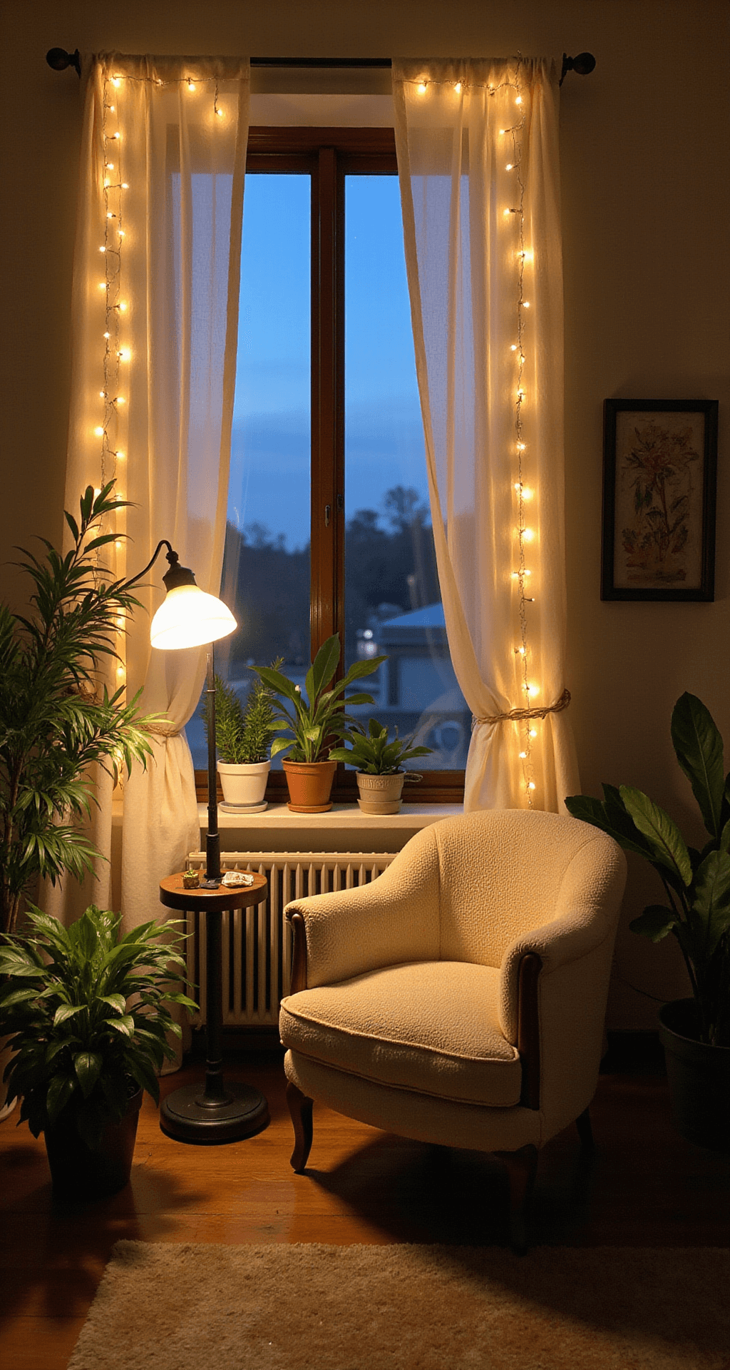 Creating a Cozy Haven: Modern Home Decor Ideas That Won't Break the Bank Cozy reading corner at dusk featuring a vintage cream bouclé armchair, gauzy curtains, and warm lighting from a floor lamp, table lamp, and string lights, with grouped plants of varying heights adding organic touches.