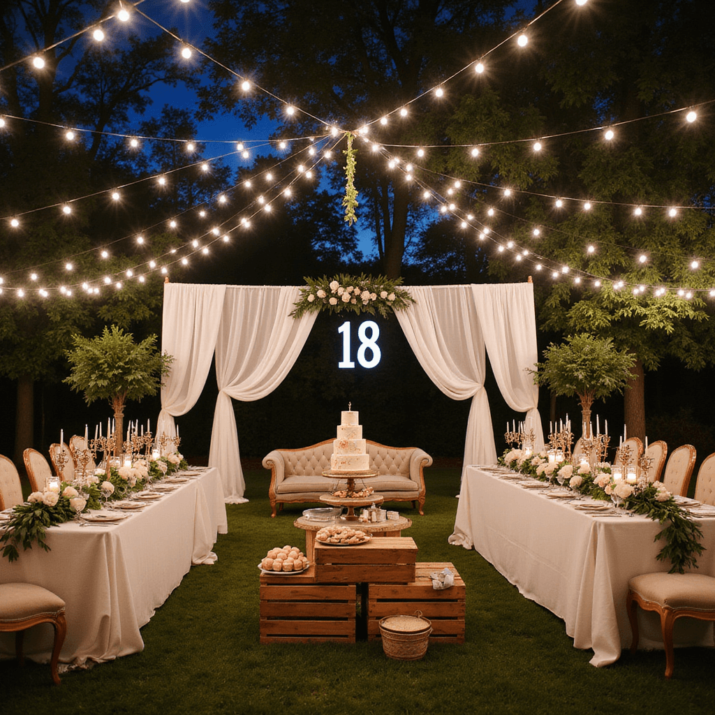 18th Birthday Party Decoration Ideas: Create an Unforgettable Milestone Celebration An enchanting backyard decorated for an 18th birthday celebration with twinkling string lights, long farmhouse tables adorned with eucalyptus and white garden roses, a grand floral arch, marquee '18' letters, a stylish cake with macarons on wooden crates, and cozy vintage lounge areas.