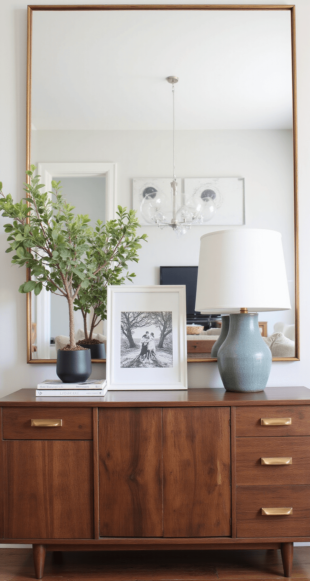 Creating a Cozy Haven: Modern Home Decor Ideas That Won't Break the Bank A modern dining area featuring a unique credenza adorned with thrifted decor pieces arranged in elegant triads. The brushed gold hardware contrasts with the dark wood, and a large mirror above reflects natural light, enhancing the space's visual interest. The image is captured straight-on with a soft focus background.