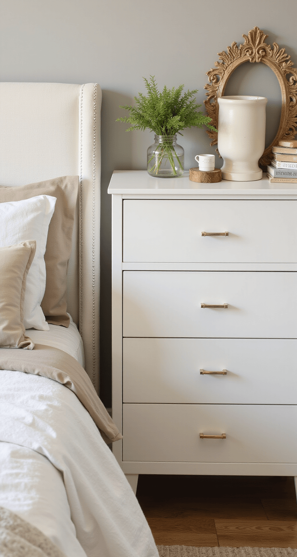 Creating a Cozy Haven: Modern Home Decor Ideas That Won't Break the Bank A corner view of a budget-savvy bedroom vignette in soft morning light, featuring chalk white furniture with modern handles, layered beige and cream bedding, and carefully arranged decor accents for visual harmony.