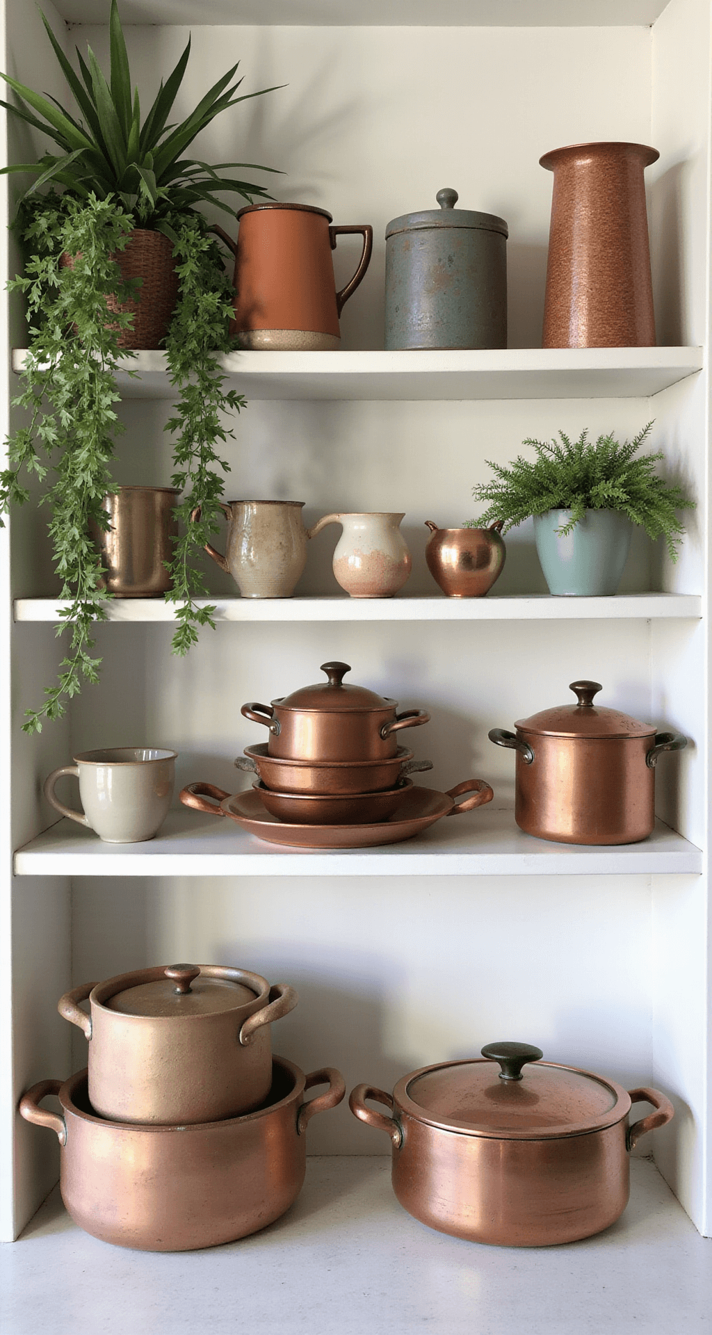 Creating a Cozy Haven: Modern Home Decor Ideas That Won't Break the Bank Open kitchen shelving styled with a blend of practical copper cookware and decorative thrifted pottery, enhanced by cascading plants and a cohesive color palette, illuminated by dramatic side lighting.