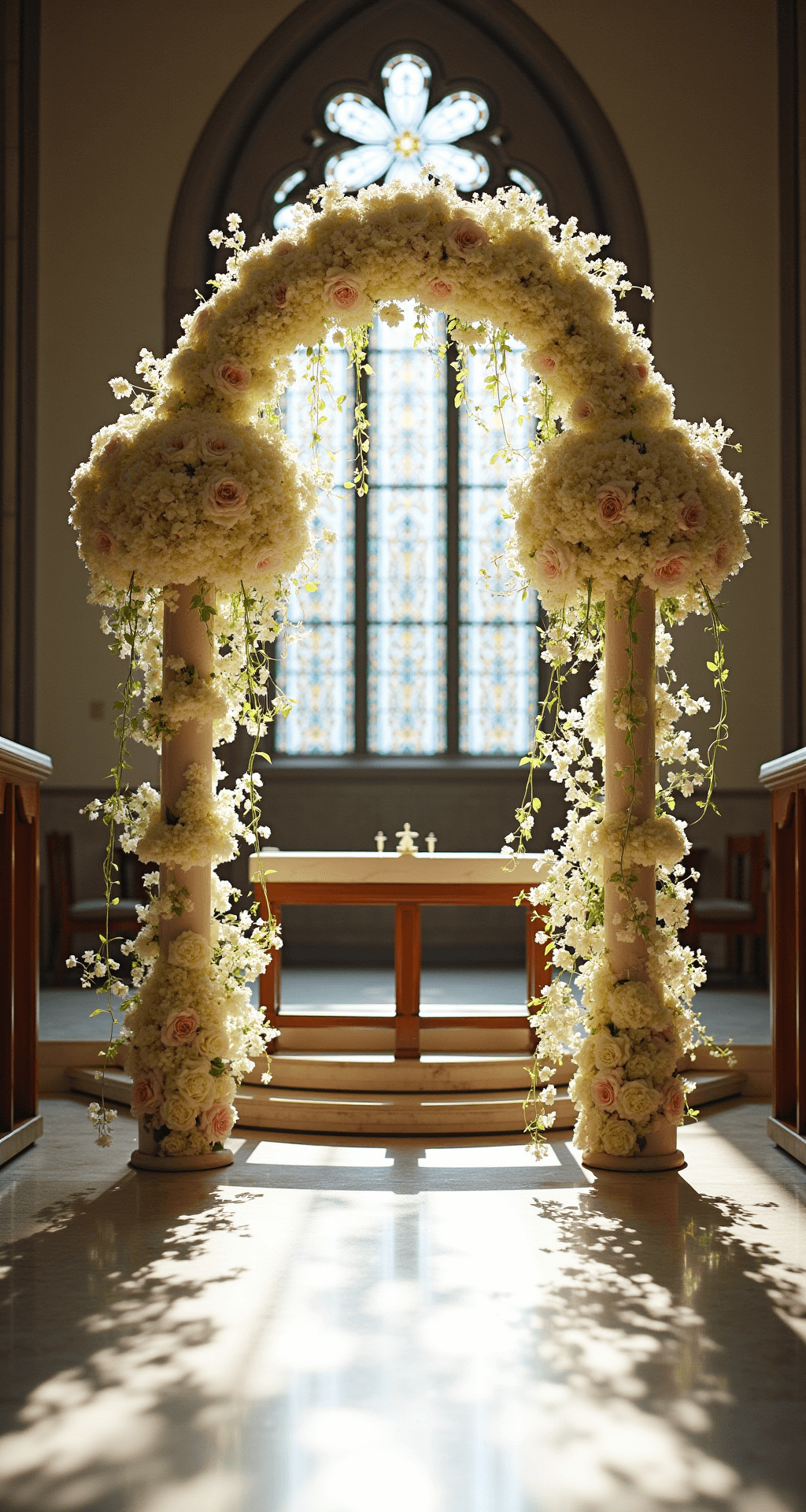 Wedding Altar Flowers: A Complete Style for Your Perfect Ceremony A wide-angle view of a grand wedding altar in a sun-drenched cathedral, featuring towering pedestals of lush hydrangeas and garden roses, softly lit by stained glass windows, with an ornate arch adorned with cascading jasmine and ivy, creating a romantic gradient of cream and blush blooms, and sparkling crystal-wrapped bases.