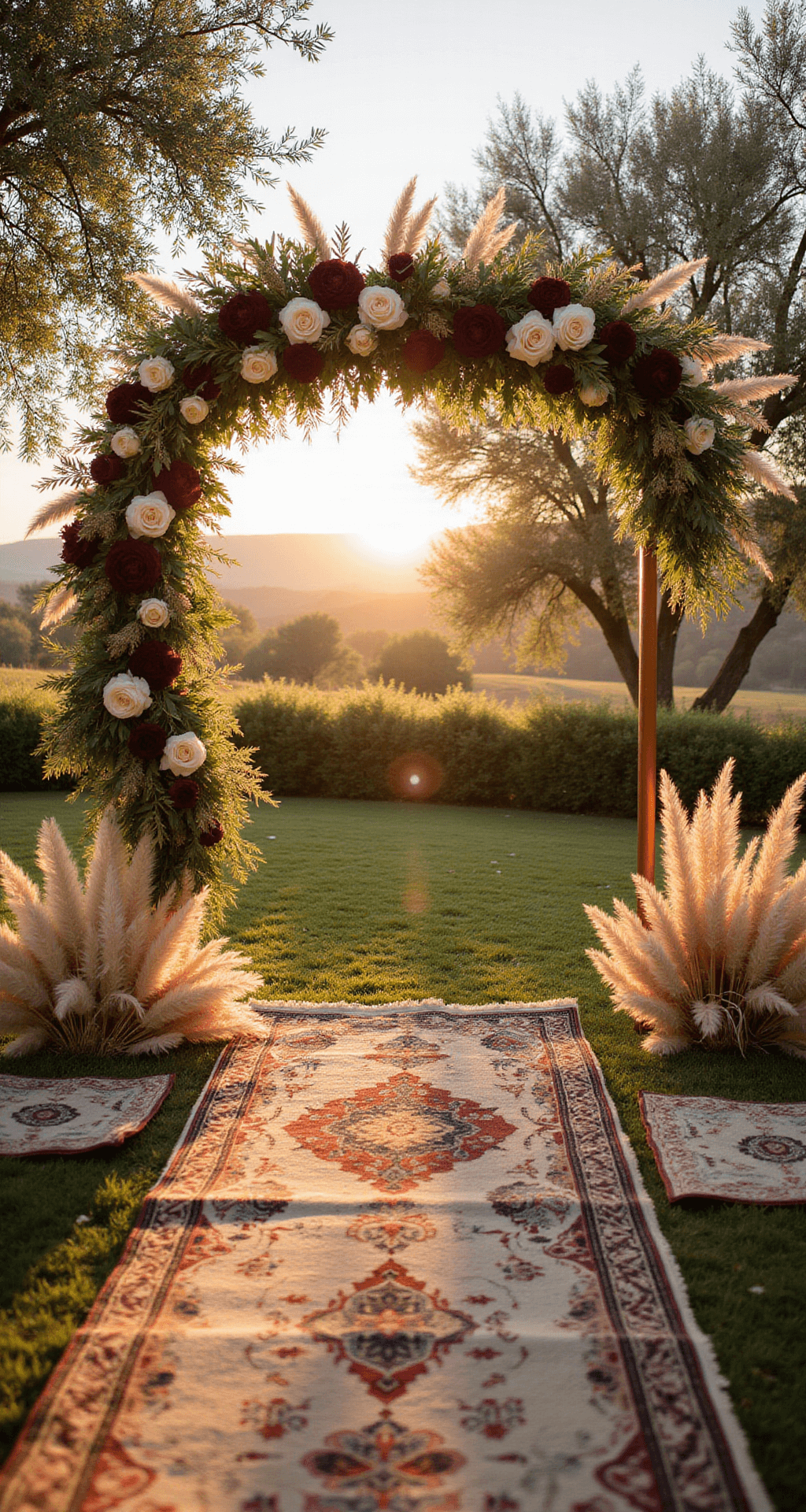 Wedding Altar Flowers: A Complete Style for Your Perfect Ceremony An intimate outdoor wedding ceremony setup featuring a modern asymmetrical copper arch adorned with burgundy peonies, cream garden roses, and pampas grass, bathed in warm amber light during golden hour. Vintage Persian rugs line the aisle, with mature olive trees and the setting sun in the background, creating a dreamy atmosphere.
