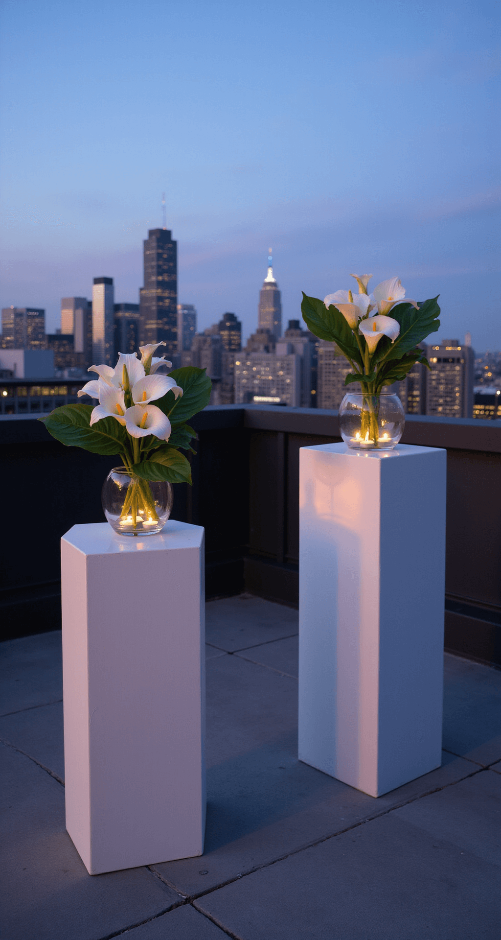 Wedding Altar Flowers: A Complete Style for Your Perfect Ceremony A minimalist rooftop ceremony space at blue hour, featuring white geometric pedestals with calla lilies and monstera leaves, modern glass vessels with floating candles, and the Manhattan skyline illuminated by sunset hues.