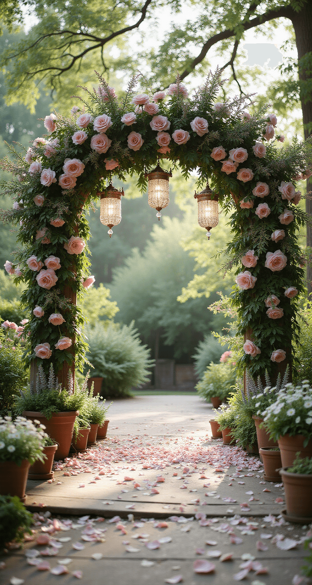 Wedding Altar Flowers: A Complete Style for Your Perfect Ceremony A whimsical garden ceremony setting with a lush wooden arch adorned with pastel blooms, vintage chandeliers hanging from tree branches, and potted herbs lining the aisle, captured from a guest's perspective in soft morning light.