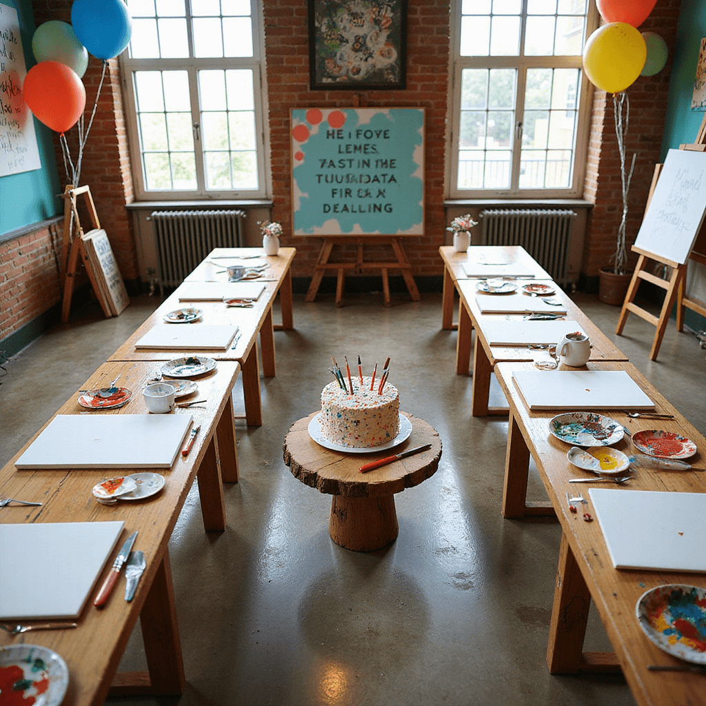 13th Birthday Party Ideas: Epic Celebrations for a Milestone Year An overhead view of an art workshop party for a 13th birthday in a sun-drenched loft, featuring U-shaped wooden tables with blank canvases, colorful paint palettes, and personalized brushes. The walls are decorated with inspiring artwork and quotes, while large windows flood the space with light. A paint-splattered birthday cake is centered on a wooden stand, surrounded by vases of paintbrushes, easels with artwork, and whimsical artist palette-shaped balloons.