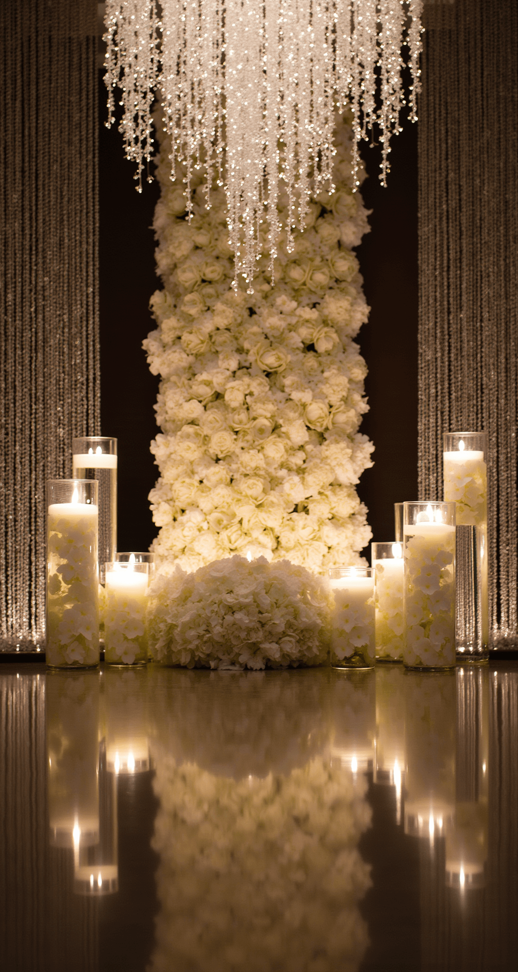 Wedding Altar Flowers: A Complete Style for Your Perfect Ceremony An elegant ballroom altar arrangement featuring tall glass cylinders with submerged orchids and floating candles, flanking a central floral wall of white hydrangeas and phalaenopsis orchids, set against shimmering crystal curtains. The scene is illuminated by pin-spotting, highlighting the cascading chandelier installation of baby's breath and twinkling lights, with mirrored surfaces reflecting the warm candlelight.