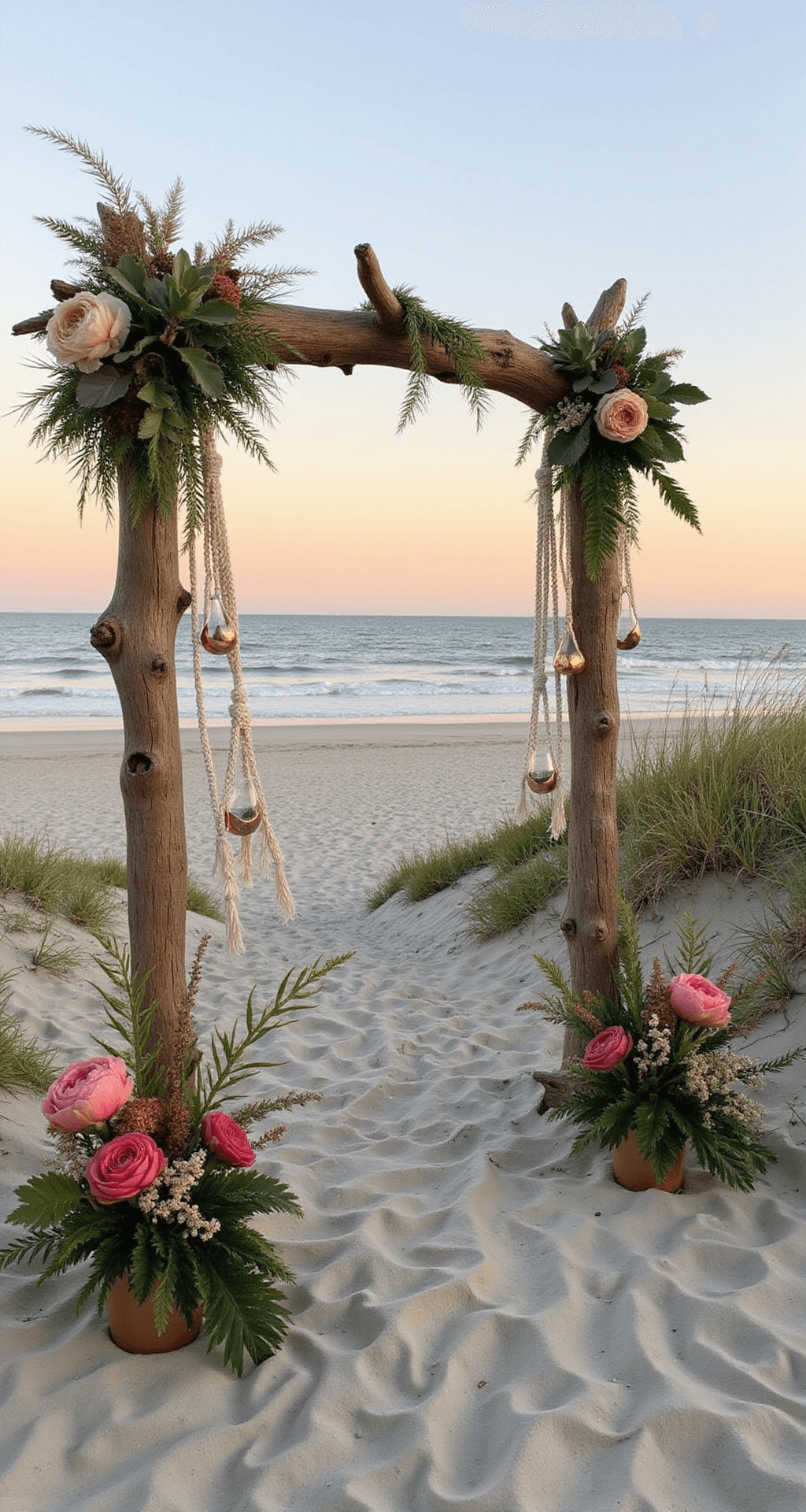 Wedding Altar Flowers: A Complete Style for Your Perfect Ceremony A bohemian beach ceremony setup at sunset, featuring a driftwood arch adorned with pampas grass, protea, and air plants, complemented by macramé hangings and copper geometric terrariums, with asymmetrically arranged coral charm peonies, set against a textured sand foreground and gradient sky, framed by sea oats.