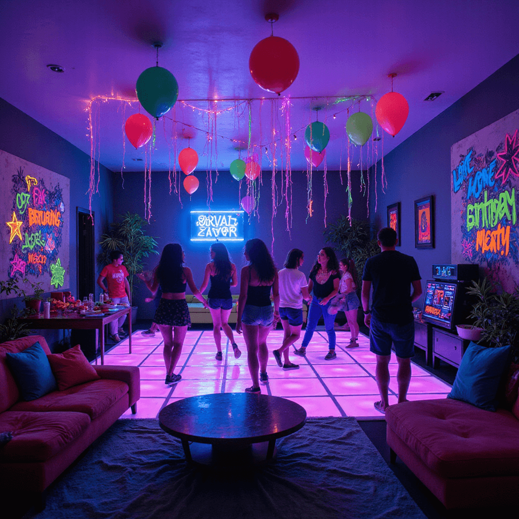 13th Birthday Party Ideas: Epic Celebrations for a Milestone Year A vibrant glow-in-the-dark dance party for a 13th birthday, featuring a transformed living room with neon graffiti art, illuminated dance floor, colorful lounge areas, a DJ booth with pulsating lights, and a festive canopy of balloons and streamers, all under ultraviolet lighting.