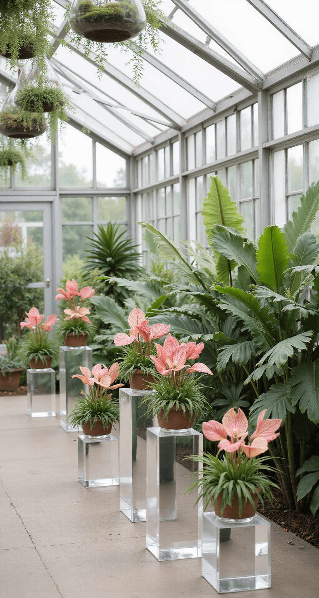 Wedding Altar Flowers: A Complete Style for Your Perfect Ceremony A modern greenhouse ceremony space with clear acrylic pedestals displaying floating arrangements of anthuriums, orchids, and tropical foliage, surrounded by geometric hanging terrariums filled with air plants. The glass walls reflect and refract natural light, enhancing the floral displays.