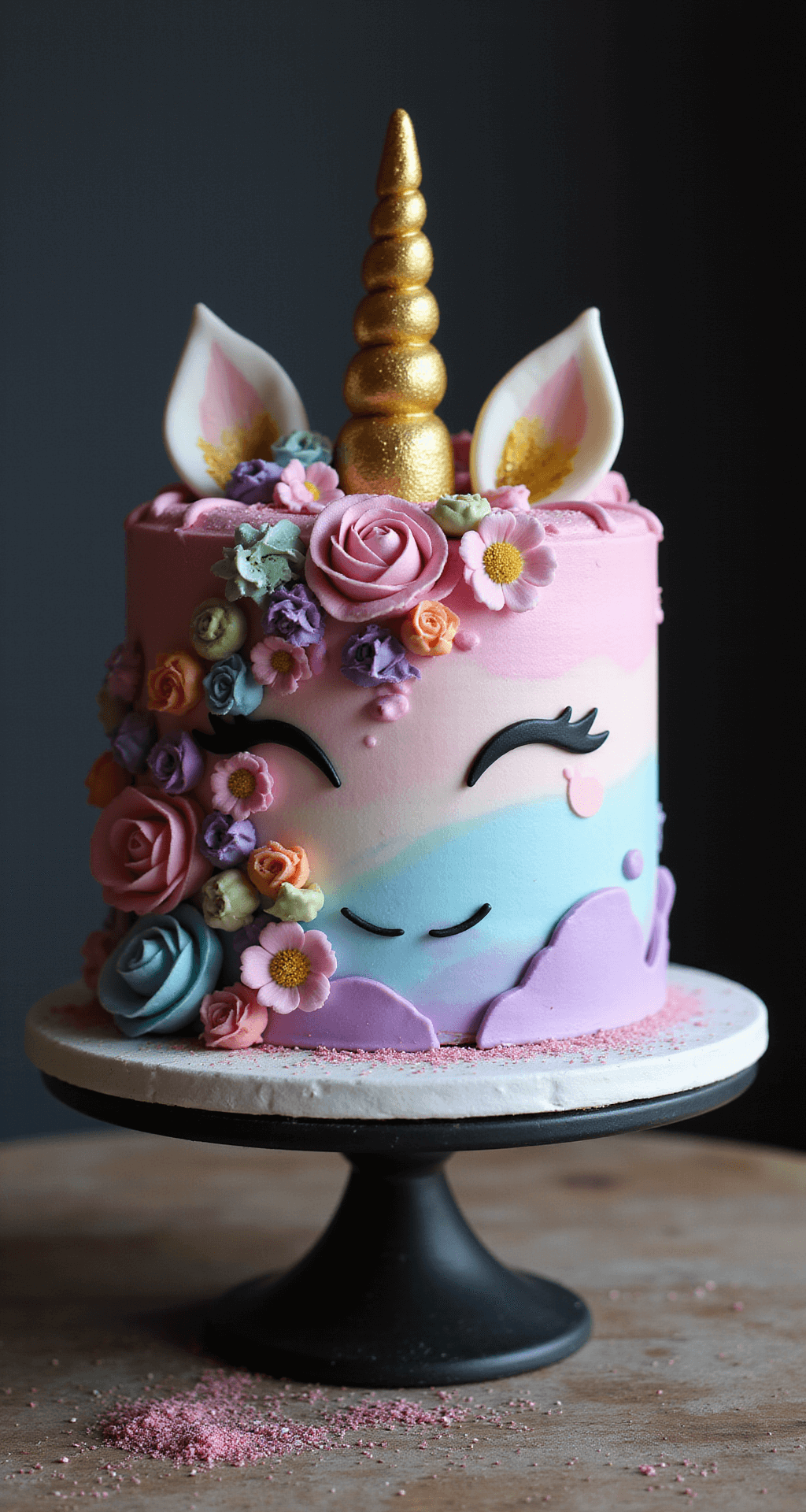 Ultimate Guide to Creating Jaw-Dropping Children's Birthday Cakes A colorful unicorn-themed birthday cake with pastel swirled buttercream, a golden fondant horn, cascading sugar flowers, edible glitter, and rainbow macarons on a rotating stand.