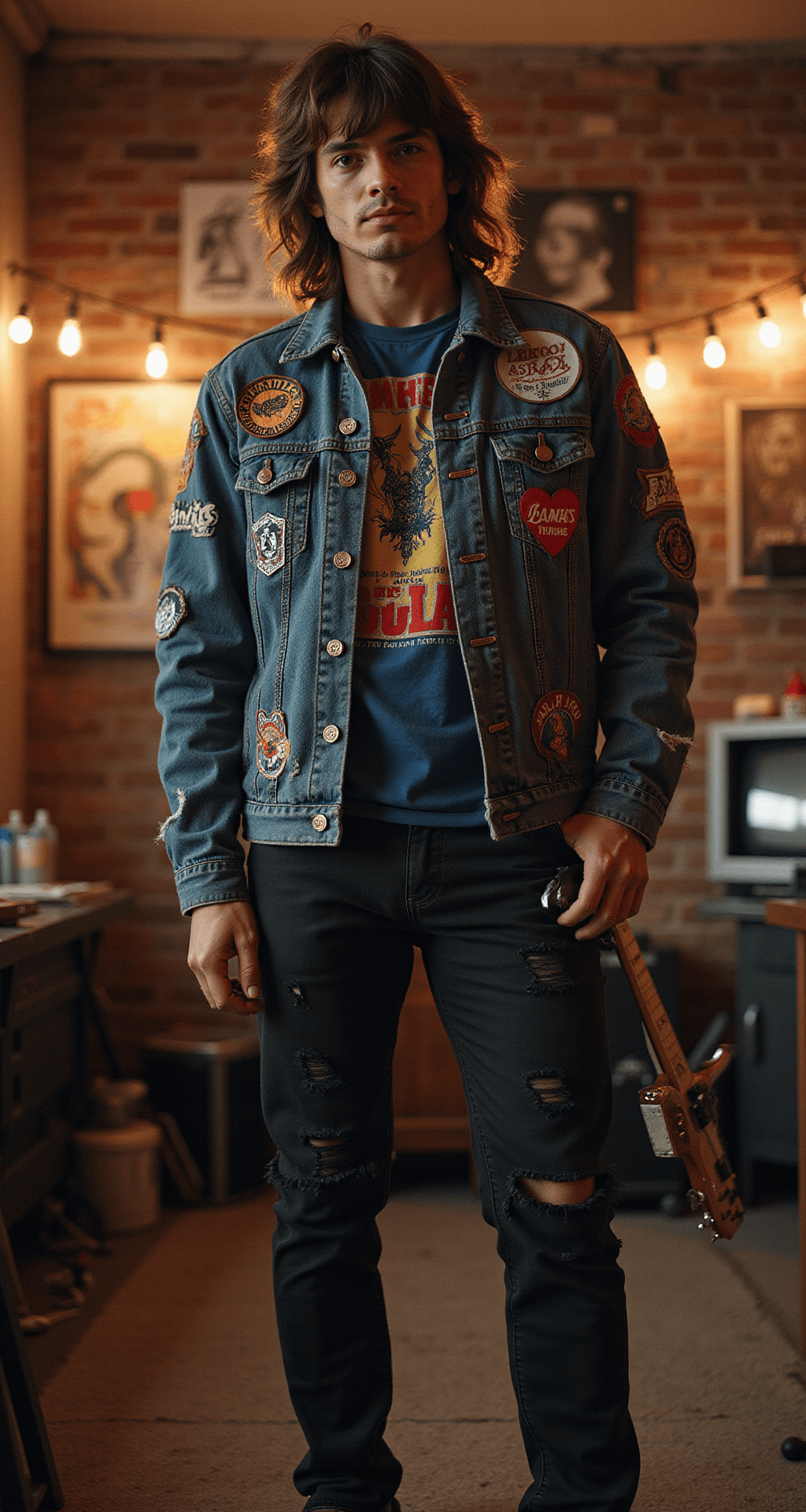 The Ultimate Men's Halloween Costume for 2025: Easy to Epic Ideas A tall man in a dimly lit industrial loft, wearing a distressed denim jacket with 80s patches, ripped black jeans, and a mullet wig, perfecting his Eddie Munson costume with a prop guitar. Vintage band posters and string lights enhance the moody atmosphere.