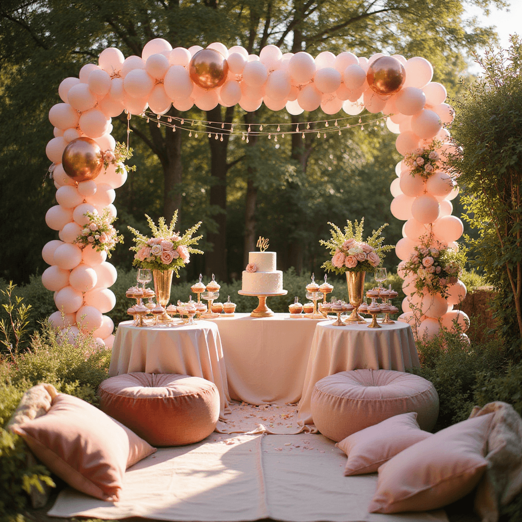 Magical First Birthday Girl Party: Ultimate Styling & Photography Guide A vibrant garden party setting for a little girl's first birthday, featuring a soft rose gold balloon arch, a beautifully arranged dessert table with a statement cake, cupcakes, and macarons, delicate floral centerpieces, twinkling fairy lights, and a milestone photo display, all bathed in warm golden hour light.