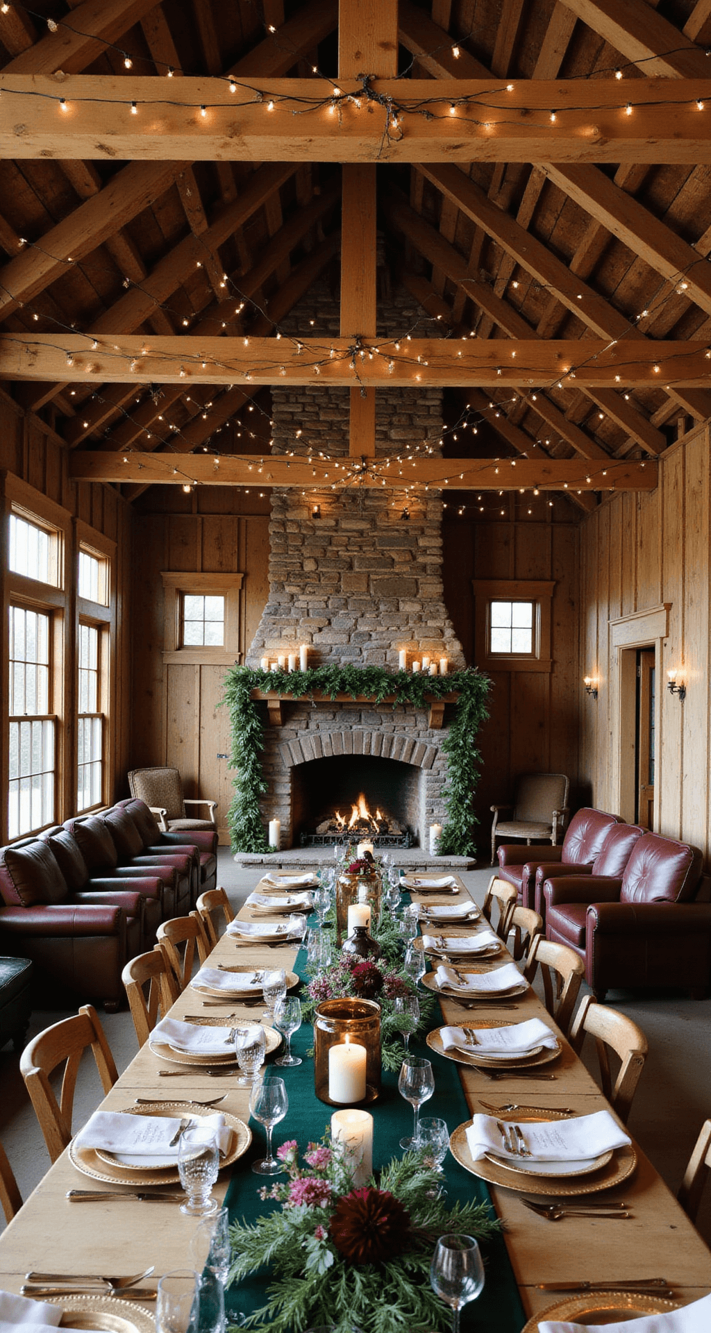 A Complete Guide to Planning Your Dream December Wedding & Celebration An elevated view of an intimate barn wedding setup featuring exposed wooden beams draped in twinkle lights, long harvest tables adorned with forest green velvet runners and gold chargers, and centerpieces of mercury glass lanterns with pine garlands and burgundy dahlias. A crackling stone fireplace serves as the ceremony backdrop, decorated with winter greenery and pillar candles, while vintage leather armchairs create cozy conversation areas.