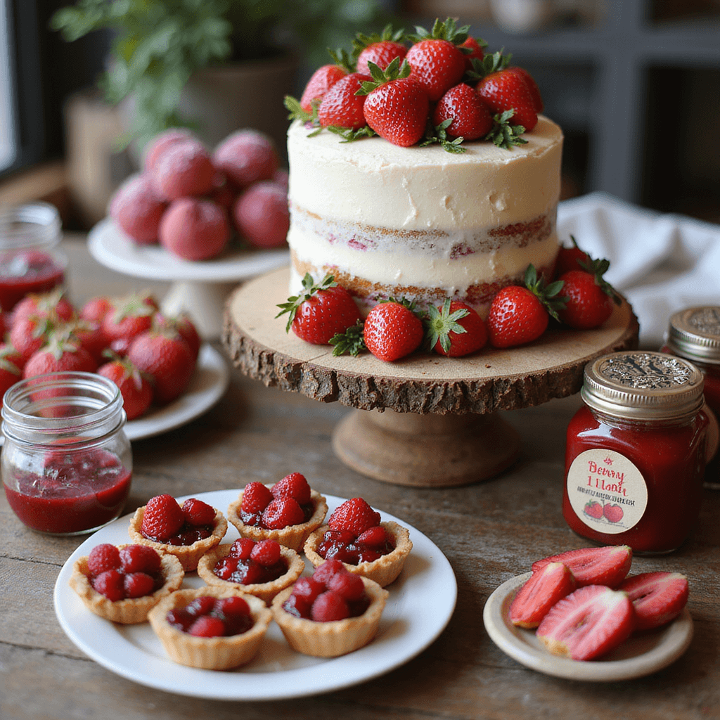 Magical First Birthday Girl Party: Ultimate Styling & Photography Guide Close-up of a 'Berry Sweet Celebration' dessert cart featuring a tiered cake with strawberries and edible flowers, surrounded by ruby-red cake pops, berry-filled tarts, and mason jars of jam, all set against a blurred cozy indoor background with playful strawberry-themed decorations.