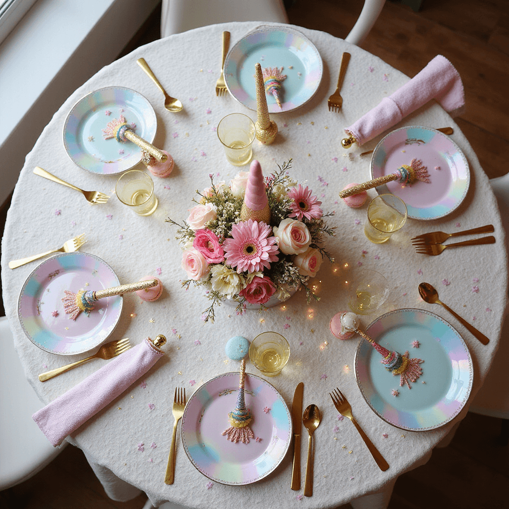Magical First Birthday Girl Party: Ultimate Styling & Photography Guide Overhead flat lay of a whimsical unicorn-themed table setting with a pastel tablecloth, iridescent plates, gold cutlery, personalized unicorn favors, a centerpiece of flowers and unicorn figurines, scattered macarons, confetti, and a unicorn cake topper, all bathed in soft natural light.