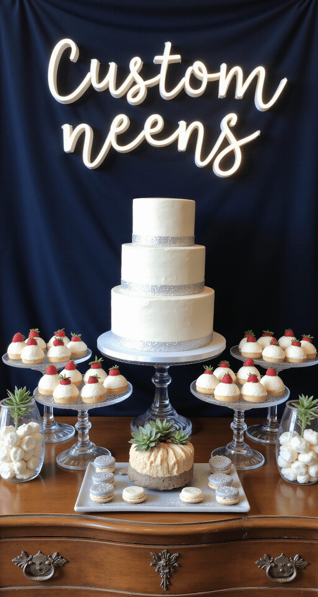 A Complete Guide to Planning Your Dream December Wedding & Celebration Detail of a winter wedding dessert display featuring a three-tiered white cake with silver leaf on an antique buffet, surrounded by sparkling petit fours on crystal stands, white chocolate-dipped strawberries, macarons, and illuminated geometric terrariums with succulents, set against a navy velvet backdrop.