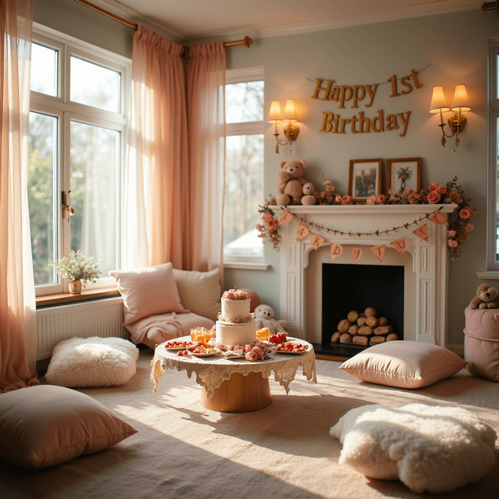 Magical First Birthday Girl Party: Ultimate Styling & Photography Guide Cinematic wide shot of a cozy living room set for a first birthday celebration, featuring warm amber lighting, a low table with a smash cake and colorful fruit platters, plush floor cushions, sheer drapery with paper flowers, and a 'Happy 1st Birthday' banner above a decorated fireplace mantel. The color scheme includes cream, dusty rose, and hints of sage.